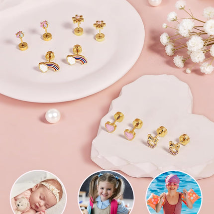 Hypoallergenic 14K Gold Plated Screw Back Stud Earrings Set for Girls, Toddlers and Kids - 5 Pairs