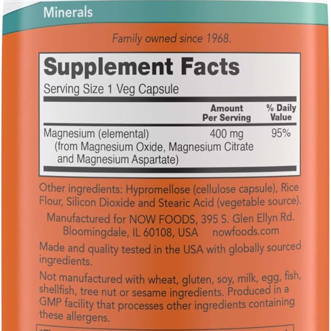 NOW Foods Magnesium 400mg — 360 Veg Capsules, Enzyme & Nerve Support - view 2