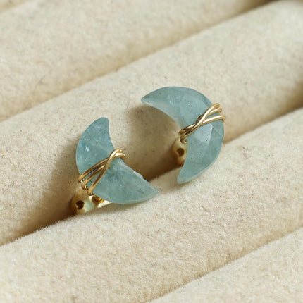 Aquamarine Half Moon Stud Earrings in Gold Plated Brass