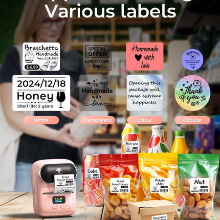 Phomemo Label Printer - M110 Thermal Label Printer Barcode Label Maker Mini Bluetooth Sticker Printer for Small Business, Home, Office, Logo, Address, Name Tag, Clothing, Organizing, Pink