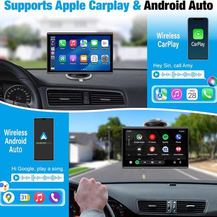 7 inch Carplay Screen - Supports Wireless Carplay & Android Auto, Portable Touchscreen with Bluetooth, Navigation, Voice Control, Mirror Link