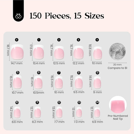 French Tip Press-On Nails, 150-Piece Pink Short Square Soft Gel Nail Tips