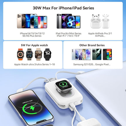 CharmGo 20000mAh 30W Portable Charger with Built-In Cables, White
