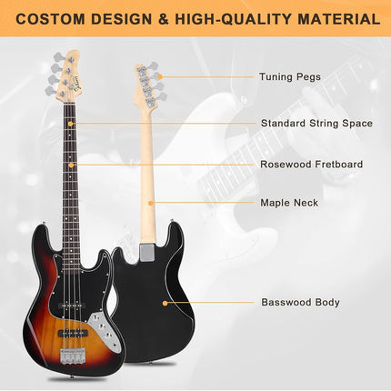 4-String GJazz Full-Size Right-Handed Electric Bass Guitar with Bag, Amp Cord and Beginner Kit - Sunset