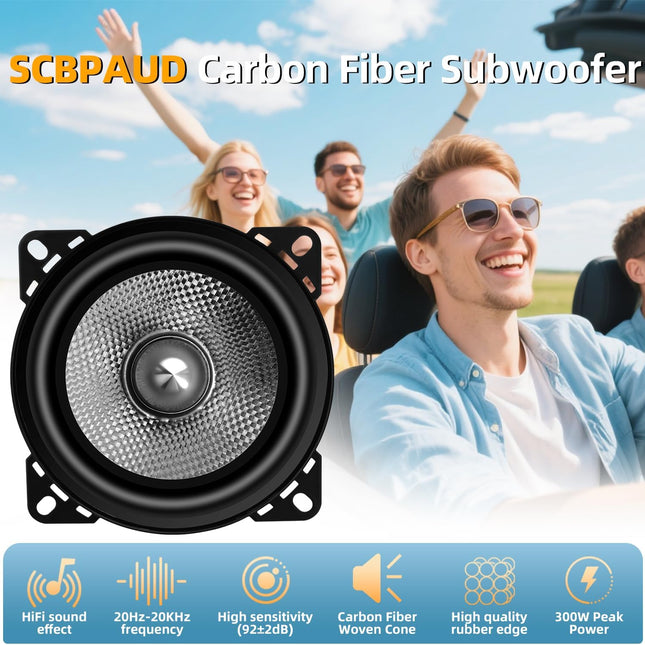 4 Inch 300W 4 Ohm Mid-Bass Car Speakers with Carbon Fiber Cone, 2 Pack