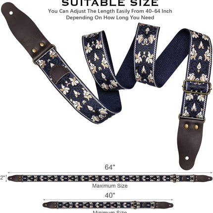 Vintage Embroidered Cotton Guitar Strap with Leather Ends, Dark Blue Jacquard