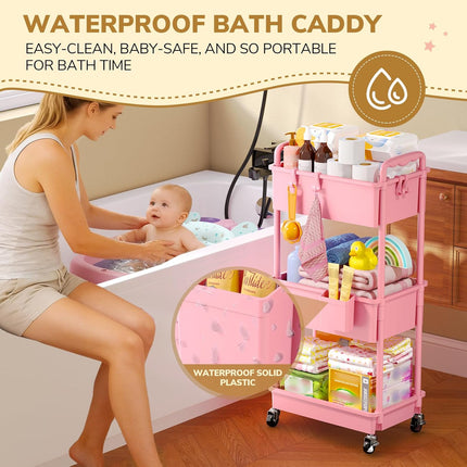 3-Tier Pink Rolling Diaper Cart with Lockable Wheels