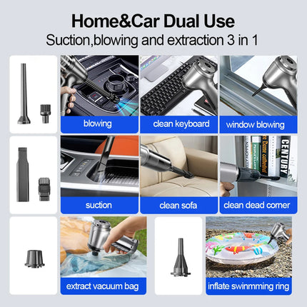 Car vacuum cleaner and blower being used on car seat upholstery