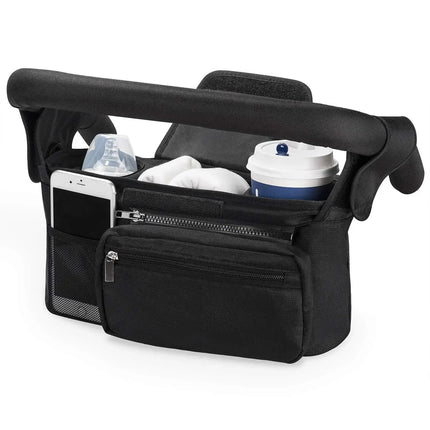 Baby stroller manager with non-slip strap holding parent essentials