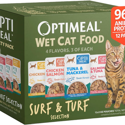 Wet Cat Food Variety Pack - Surf & Turf Grain-Free Adult Cat Pouches, 3 oz, Pack of 12