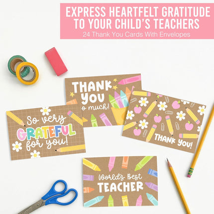 24 Teacher Thank You Cards with Envelopes - 6 x 4 Teacher Appreciation Cards Bulk