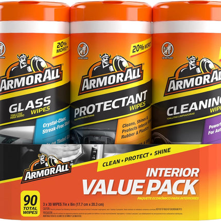 Car Interior Value Pack, 90 Count, with Auto Glass Cleaner, Cleaning Wipes and Protectant Wipes