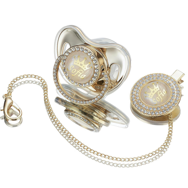 Gold Personalized Rhinestone Baby Pacifier and Clip Holder Kit