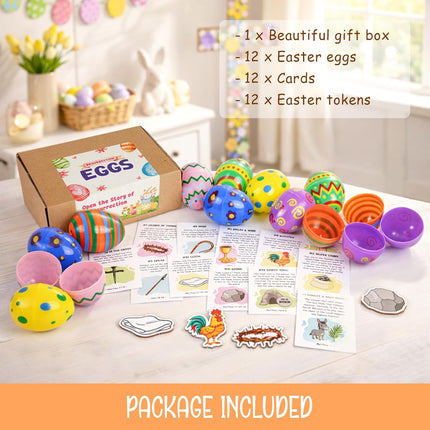 12-Piece Resurrection Easter Story Eggs Set with Wooden Symbols and Story Cards