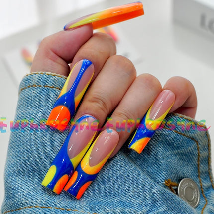 10PCS Colorful Swirl Press On Nails - Long Coffin Glossy Y2K Nails