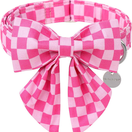Pink Plaid Dog Collar with Bow Tie, Small