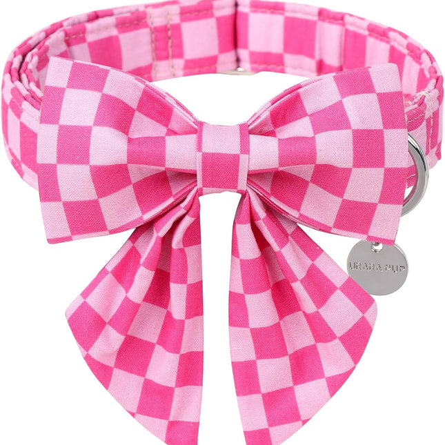 Pink Plaid Dog Collar with Bow Tie, Small