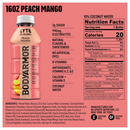 Peach Mango Lyte Electrolyte Drink, 16 fl oz Bottles, 12 Pack