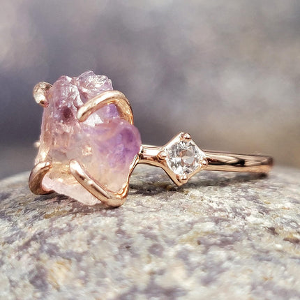 Raw Crystal Ring Birthstone Rose Gold and Quartz Solitaire Jewelry gift — Home & Lifestyle