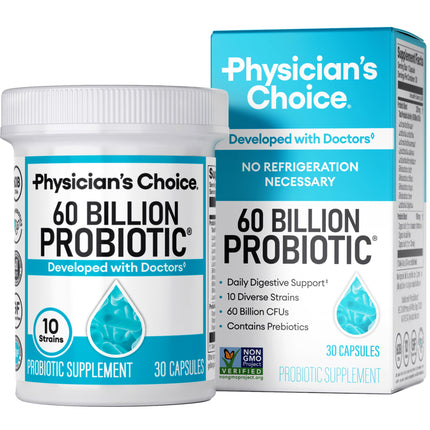 Physician's Choice 60 Billion CFU Probiotics front bottle view with 10 strains and prebiotics