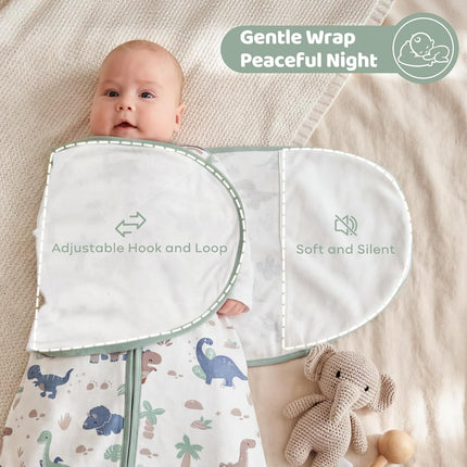 Baby Swaddle Sleep Sack 3-6 Months, 0.5 TOG Cotton 2 Pack, Soft Green Dinosaur