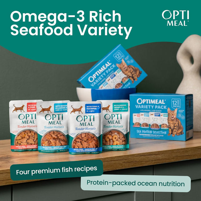 Wet Cat Food Variety Pack - Sea Protein Selection, Grain Free Tender Morsels, 3 oz Pouches, Pack of 12