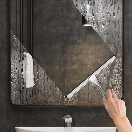 10-Inch Silver Stainless Steel Shower Squeegee with 2 Adhesive Hooks