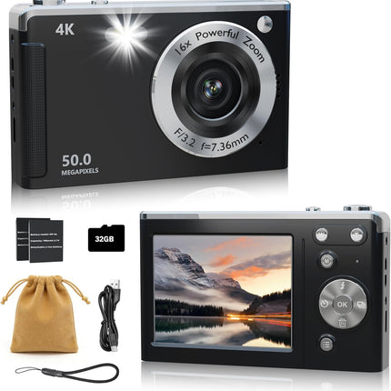 4K Compact Digital Camera with Autofocus, 16X Zoom and 32GB Card