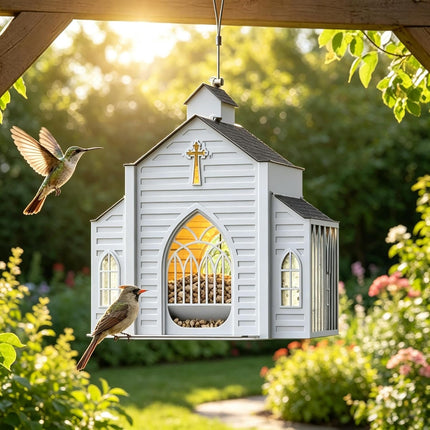 Church Shaped Metal Hanging Bird Feeder with Solar Light