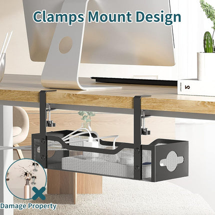 Clamp mount with rubber pads gripping desk edge — no drilling