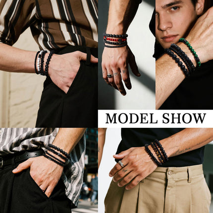Multi-Layer Black Beaded Bracelet Set for Men with Natural Stone