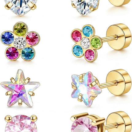 4-Pair Gold 316L Surgical Steel CZ Flat Back Stud Earrings Set