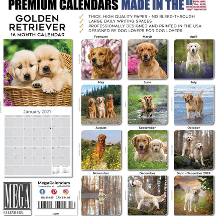 Golden Retriever Calendar 2027 - 16 Month Dog Wall Calendar