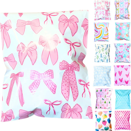 6x9 Colorful and Stylish 100 Pack Poly Mailer Bags with Unique Designs, Ribbon Bow