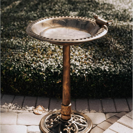 Outdoor Garden Bird Bath with Bird - Bronze Polyresin, 30 Inch