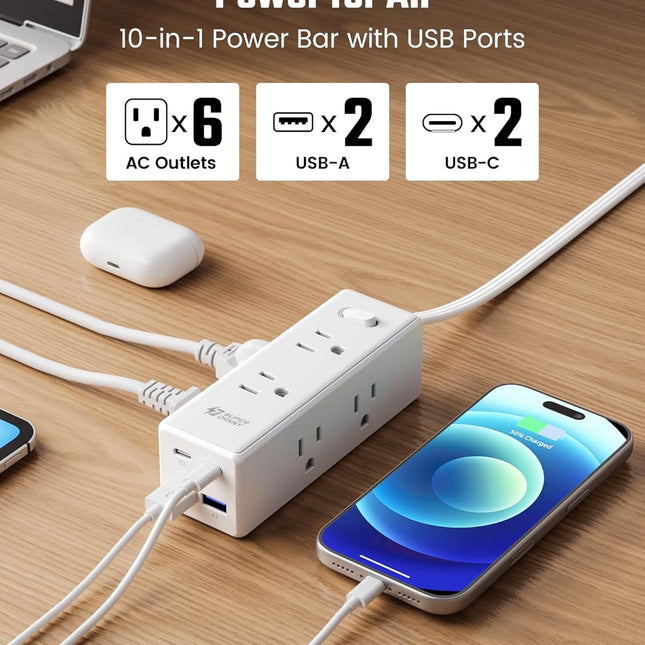 15 Ft Extension Cord Power Strip with 6 Outlets and 4 USB Ports