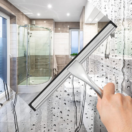 10-Inch Silver Stainless Steel Shower Squeegee with 2 Adhesive Hooks