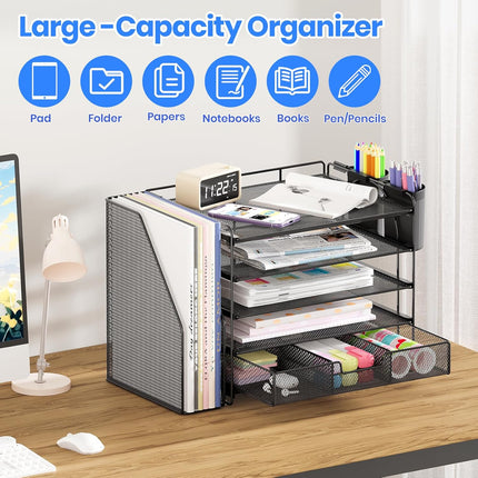 Black 5-Tier Desk Organizer with Drawer and Pen Holder
