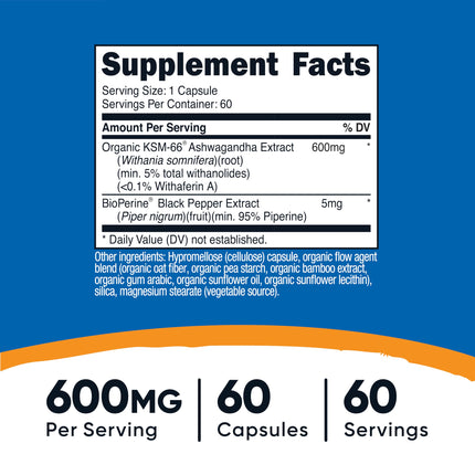 KSM-66 Ashwagandha 600mg supplement facts and ingredients label 60 caps