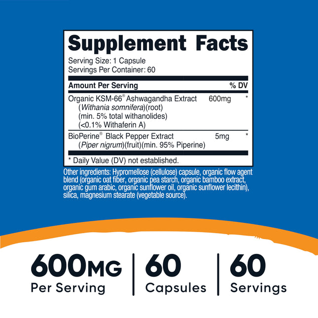 KSM-66 Ashwagandha 600mg supplement facts and ingredients label 60 caps
