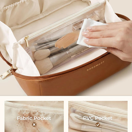 Large Wide-Open PU Leather Travel Makeup Bag in Classic Brown