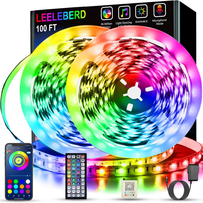 100 ft RGB LED Strip Lights with Music Sync, Remote and Bluetooth App Control