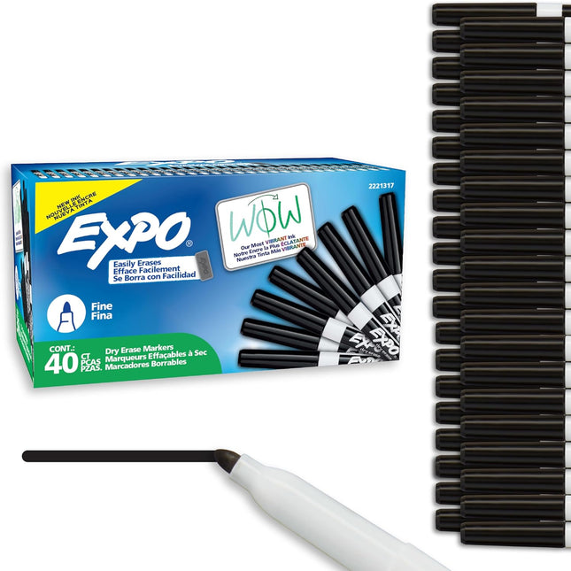 Low Odor Black Dry Erase Markers, Fine Tip, 40 Count