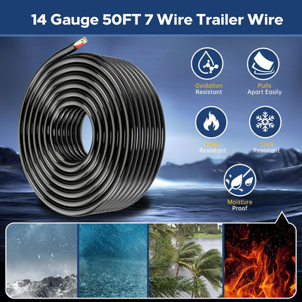 50FT 7-Way 14 Gauge Trailer Wiring Harness
