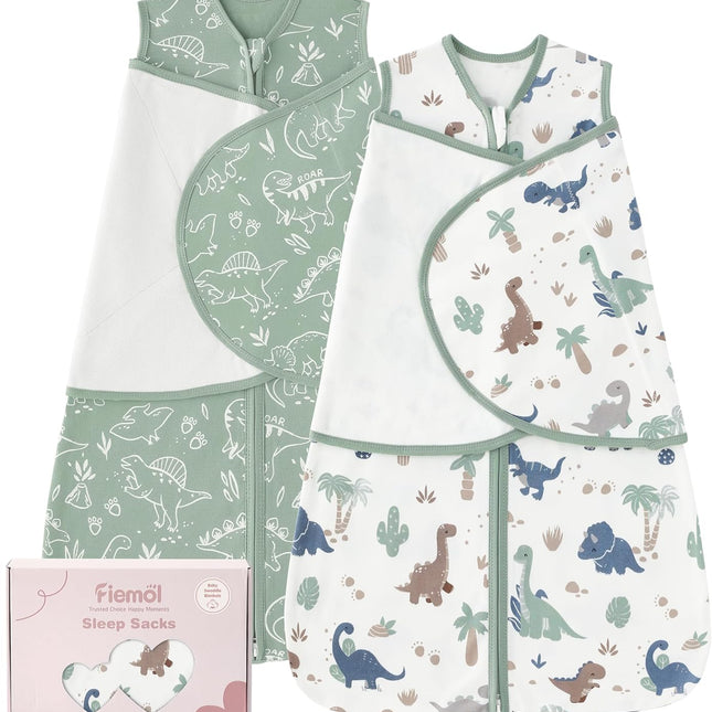 Baby Swaddle Sleep Sack 3-6 Months, 0.5 TOG Cotton 2 Pack, Soft Green Dinosaur