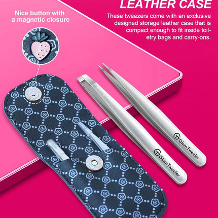 Expert Slant and Point Tip Tweezer Set with Storage Case, Sparkle Silver