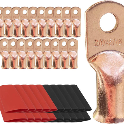SourcetoHome 10pcs 2/0 AWG-5/16 Ring Battery Lugs, Copper Lugs, Battery Cable Ends, Tubular Ring Terminals, Crimp Wire Ring Lugs, Battery Terminal Connectors with Heat Shrink Tubing (10, 2/0 Awg - 5/16" (M8) Ring) - General - front view