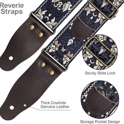 Vintage Embroidered Cotton Guitar Strap with Leather Ends, Dark Blue Jacquard