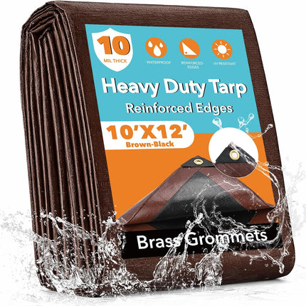 10x12FT Waterproof Heavy Duty Poly Tarp, Brown/Black