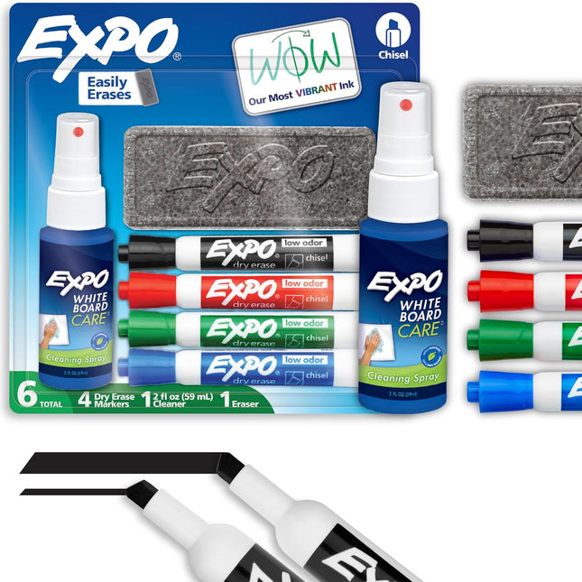 Dry Erase Markers Kit, Chisel Tip, Assorted Colors, Eraser, Spray Cleaner, 6 Count